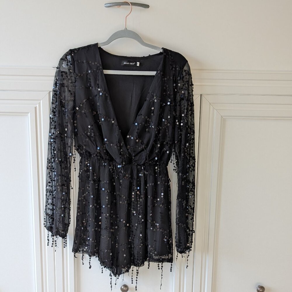 Miss Ord brand black sequin romper, short jumpsuit. Size medium M. Sheer sleeves